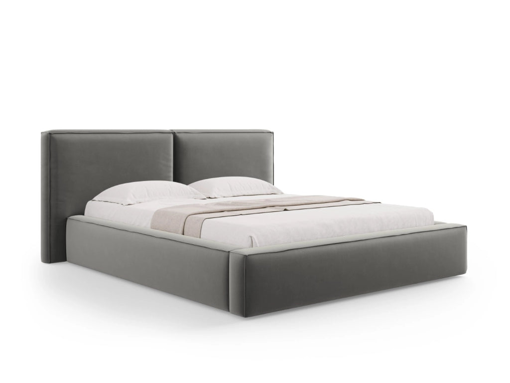 Cosmopolitan Design - Letto a cassettone con testiera doppia "Arendal" 140x200cm in velluto grigio chiaro 