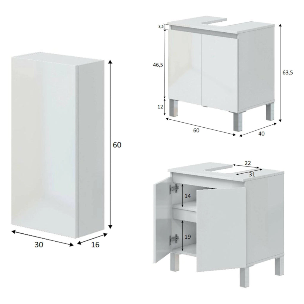 Vignola, set Mobili Bagno 3 Ripiani, Bianco Lucido