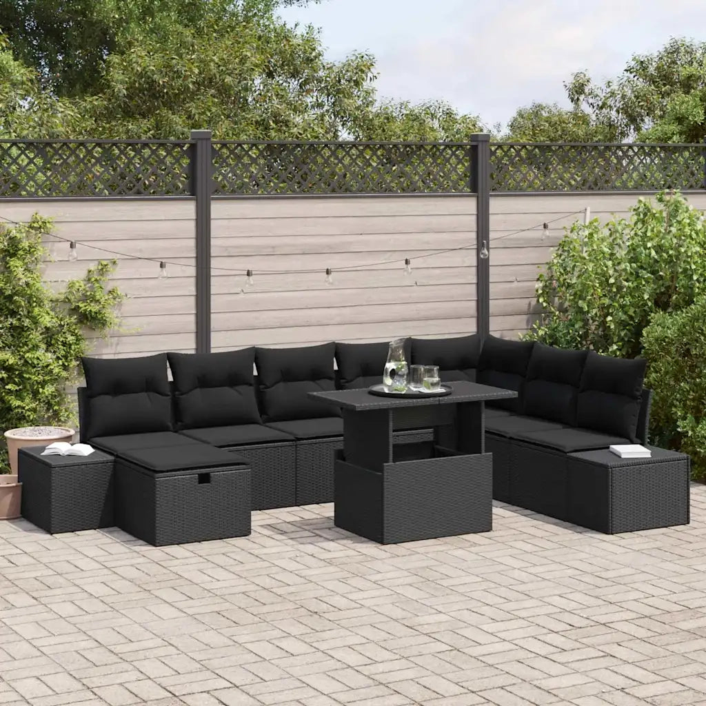 Set Divano da Giardino 9 pcs Nero polyrattan