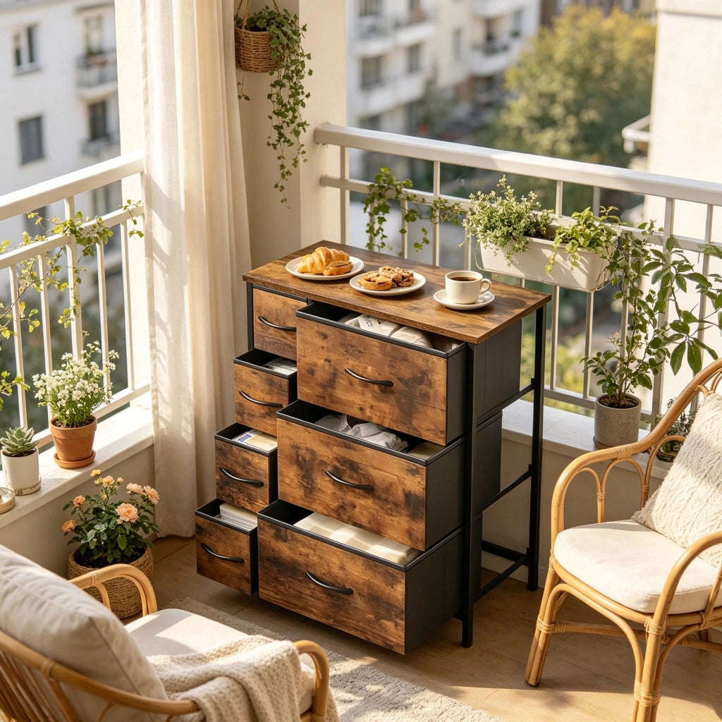 Cassettiera vintage autoportante con 7 cassetti in tessuto, struttura in metallo e legno, 63,5 x 30 x 73 cm