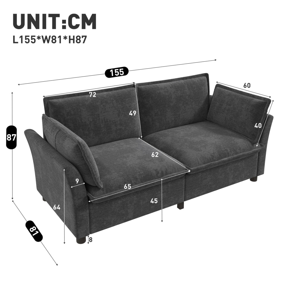 Divano modulare 2 posti 155 x 81 x 87 cm in chenille grigio