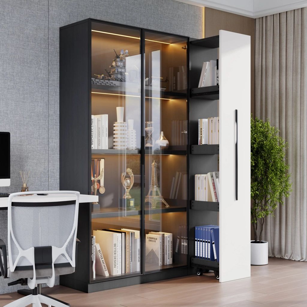 Armadio vetrina 110.5x35x160 cm con LED e ripiano laterale estraibile in MDF e vetro bianco e nero