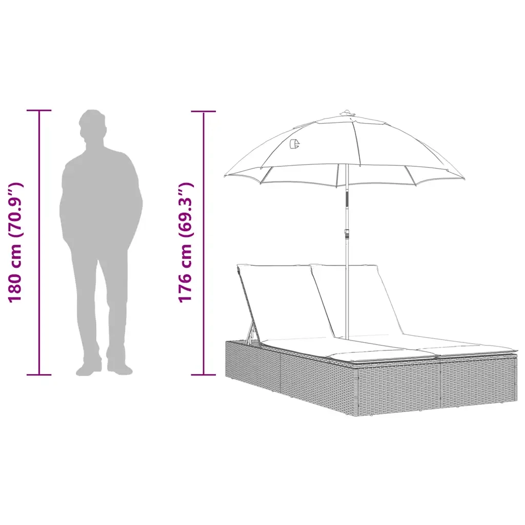 Lettino Prendisole Doppio Cuscini e Parasole Marrone Polyrattan 368087