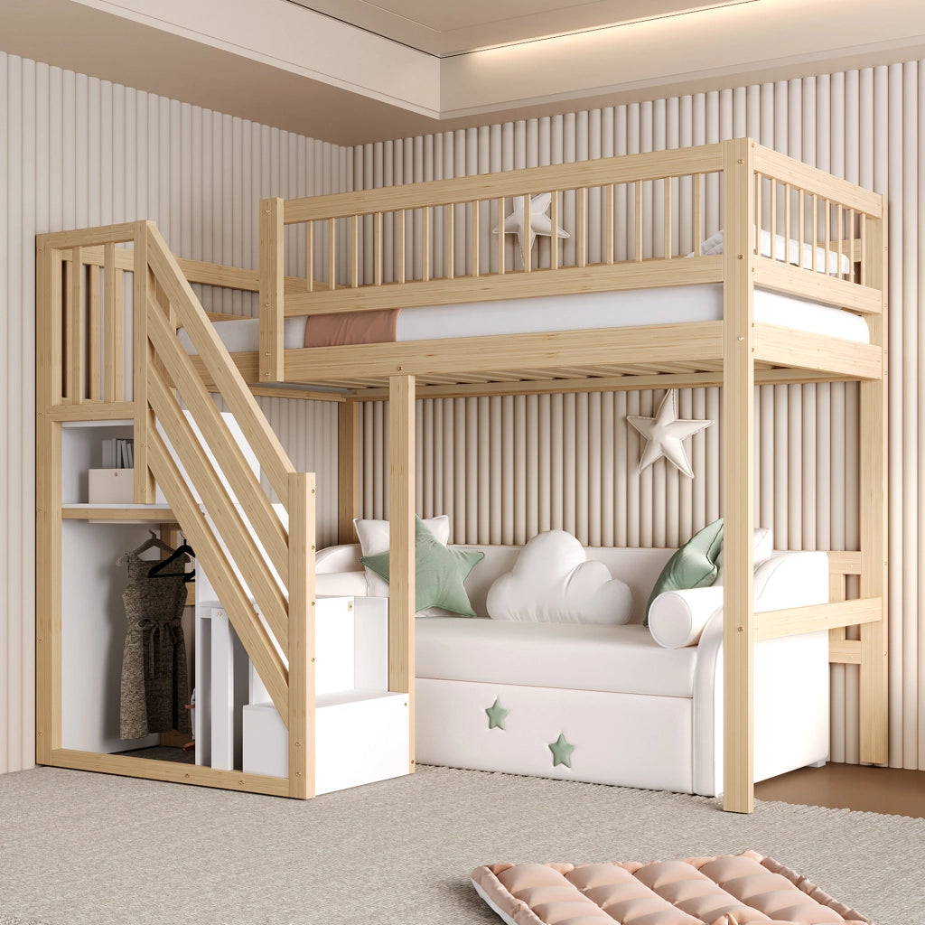OKWISH Letto a Soppalco 90×200 cm, Letto Singolo con Scala Contenitore e Sponda, senza Materasso, in Legno, Naturale