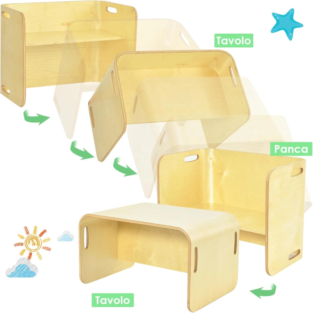 COSTWAY Set Tavolo e 2 Sedie per Bambini 2-9 Anni, Set Multiuso in Legno di Faggio con Maniglie Ergonomiche, Design Salvaspazio, Senza Montaggio, Portata 100 kg (Naturale)