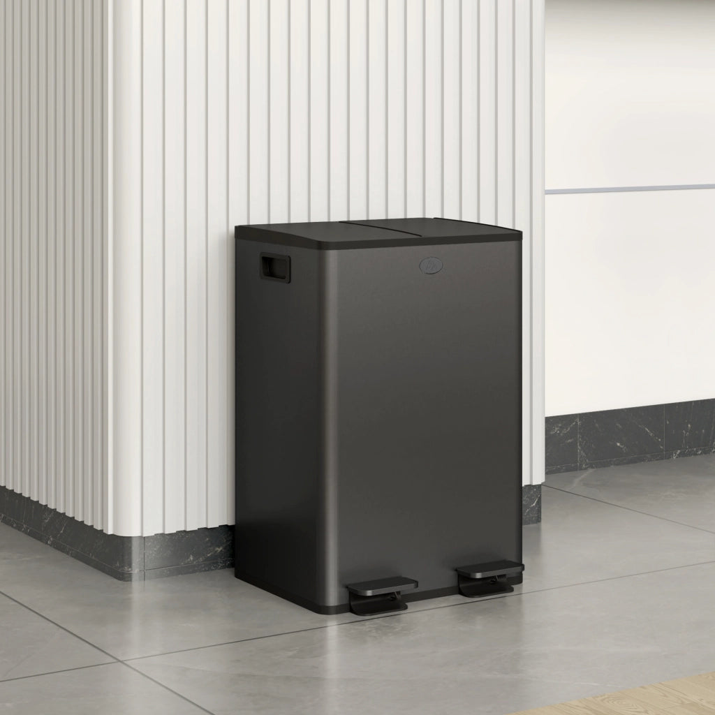Pattumiera da Cucina 2 Scomparti ¨C Xylo ¨C 2x28L Acciaio Inox Nero Coperchio Soft-Close 45,8x36x67,6cm
