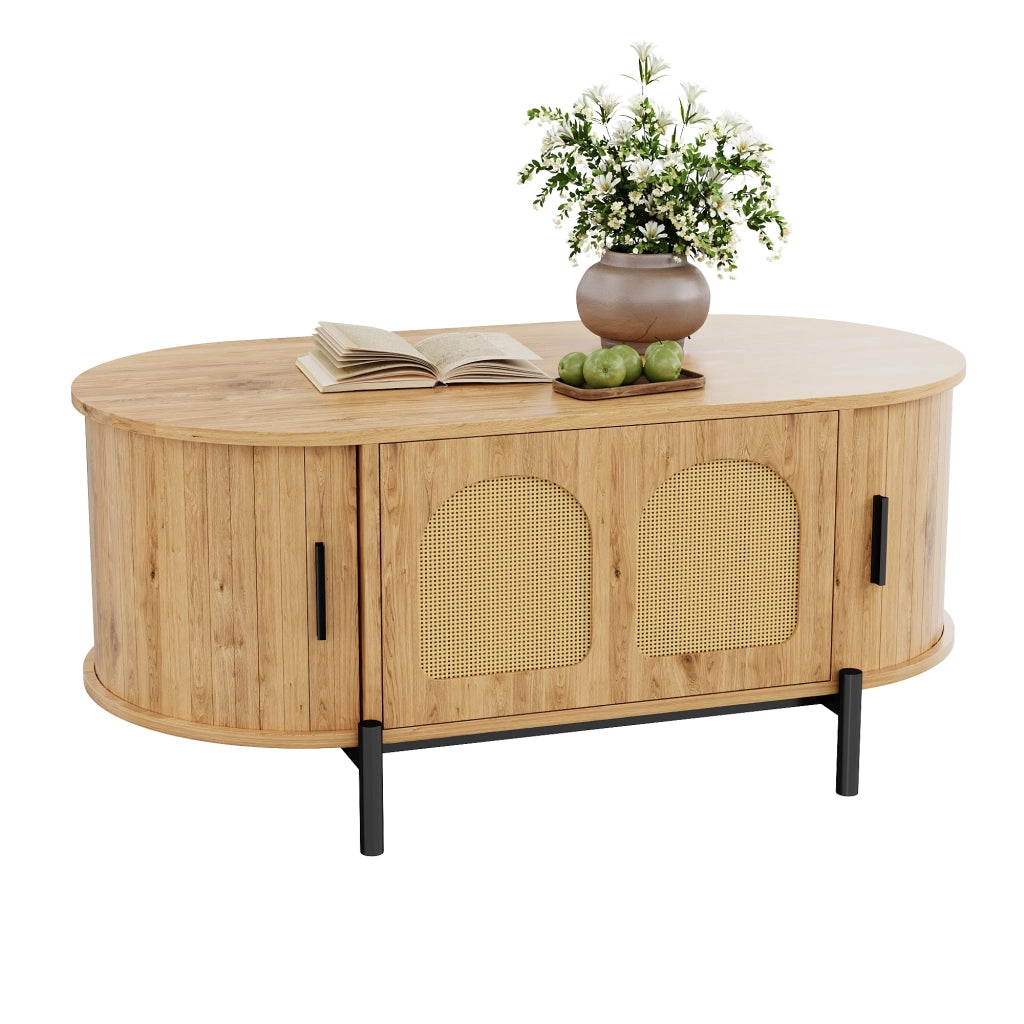 Tavolino da caffè ovale in MDF effetto legno naturale con ante in rattan e gambe in metallo nero, con vano contenitore