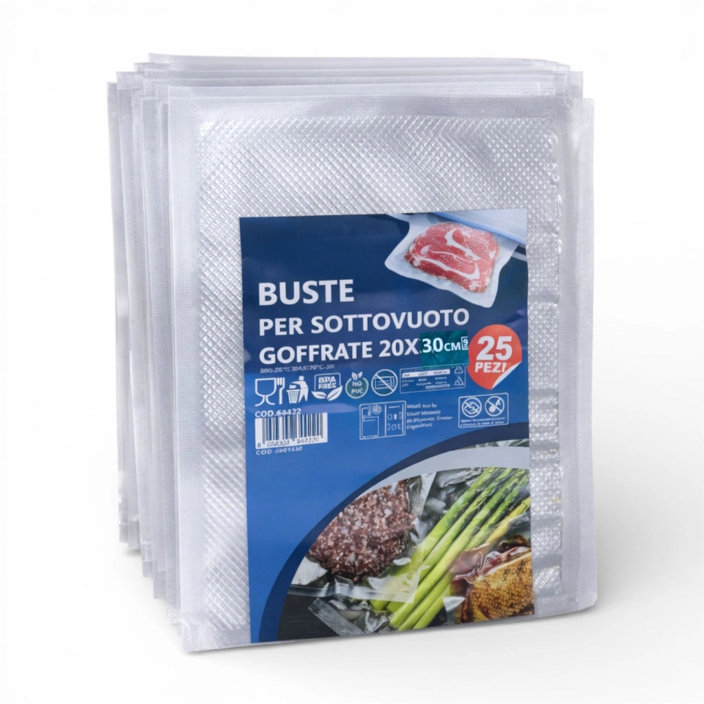 Buste per Sottovuoto Goffrate Alimenti 20x30cm 25 Sacchetti Alimentari BPA 64422