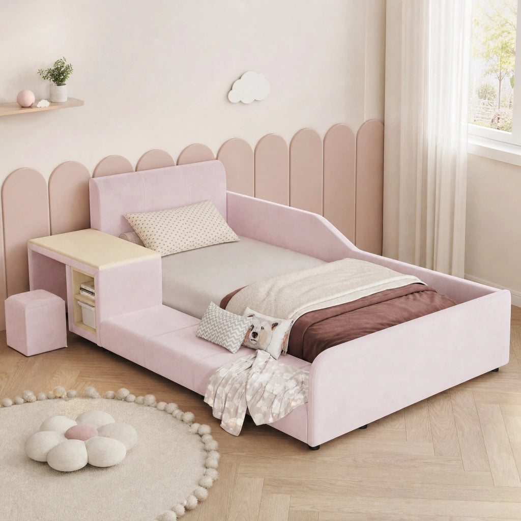 LETTO singolo 90x200 cm in velluto rosa con scrivania, sgabello e ripiano