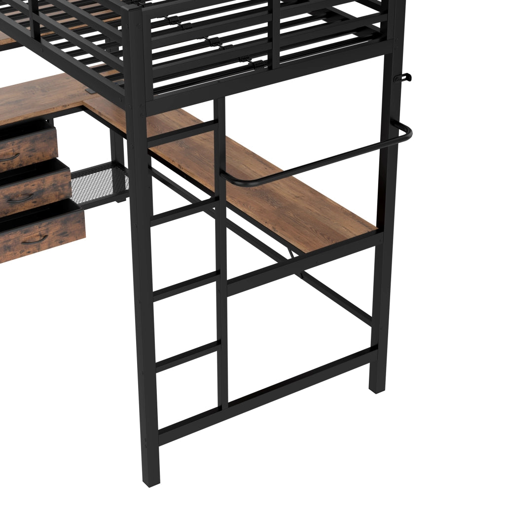 Letto a soppalco 90 × 200 cm con LED; scrivania; presa e USB; 3 cassetti; barriera e scala; senza materasso; nero