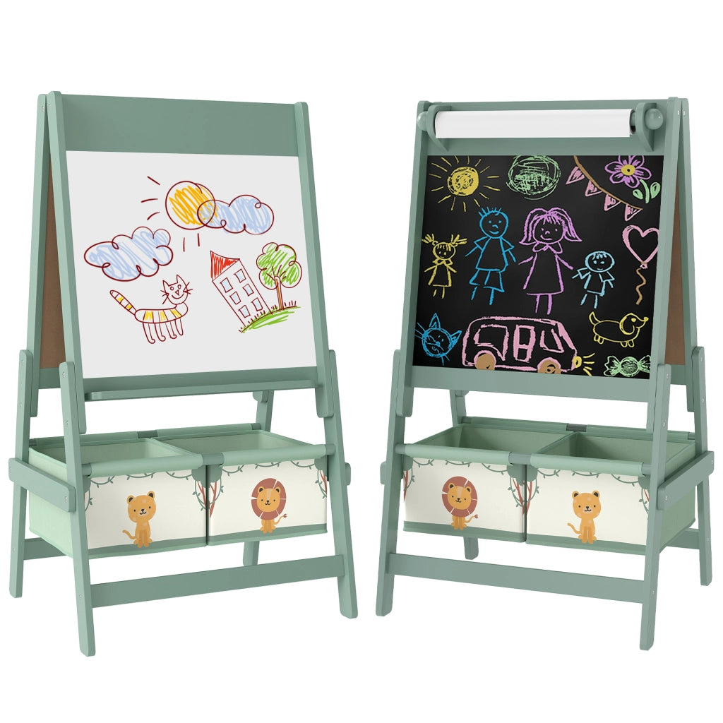 Lavagna per Bambini 3 in 1 con Cavalletto. Rotolo di Carta e 2 Cestelli. in Legno. 54x46x94 cm. Verde