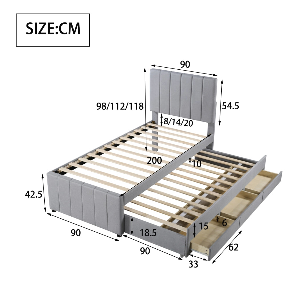 LETTO Imbottito 204 x 90 x 118 cm Grigio con letto estraibile e 3 cassetti