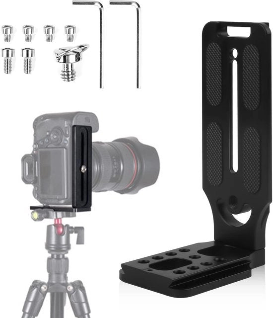 Supporto per fotocamera DSLR universale - L-houder - Piastra di cambio rapida - Supporto per fotocamera in alluminio - Pads antiscivolo in gomma - Dimensioni: 75 x 50 x 135 mm - Progettato per resistere a urti - Supporto per fotocamera