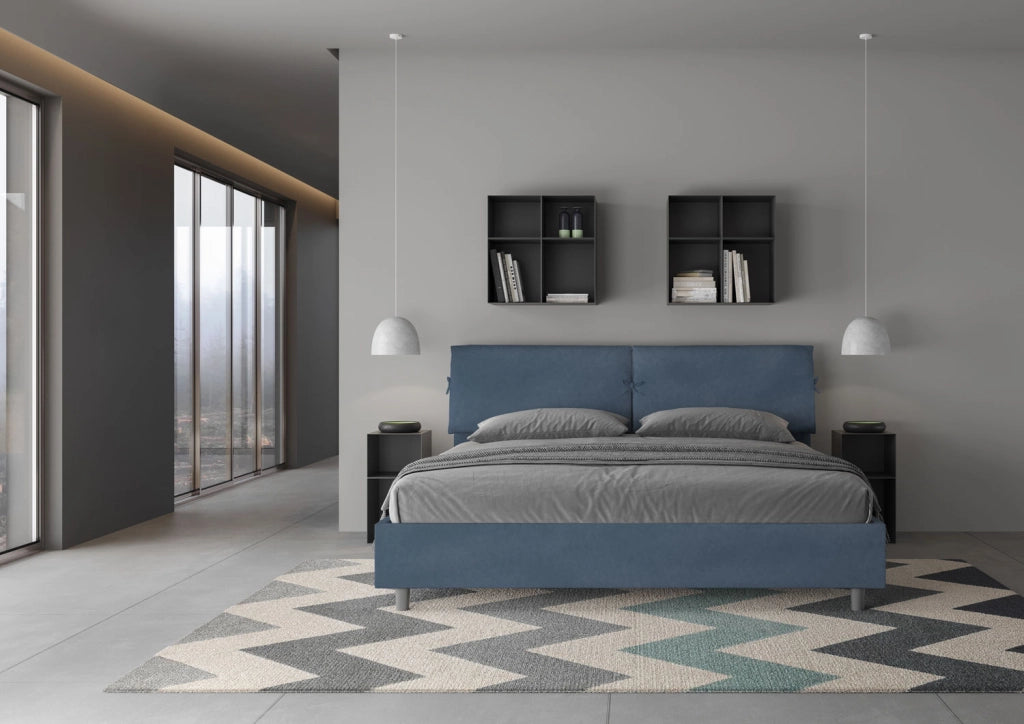 Letto Matrimoniale King Size 180x190 cm con Rete Testata con Cuscini Imbottito in Microfibra Mados Blu