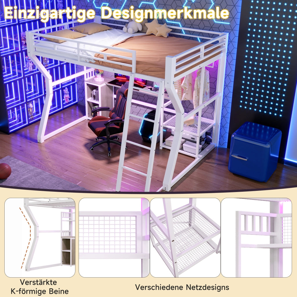 DESMIU Letto a soppalco 140 × 200 cm 1 posto con scrivania, LED, presa e vani, senza materasso, bianco