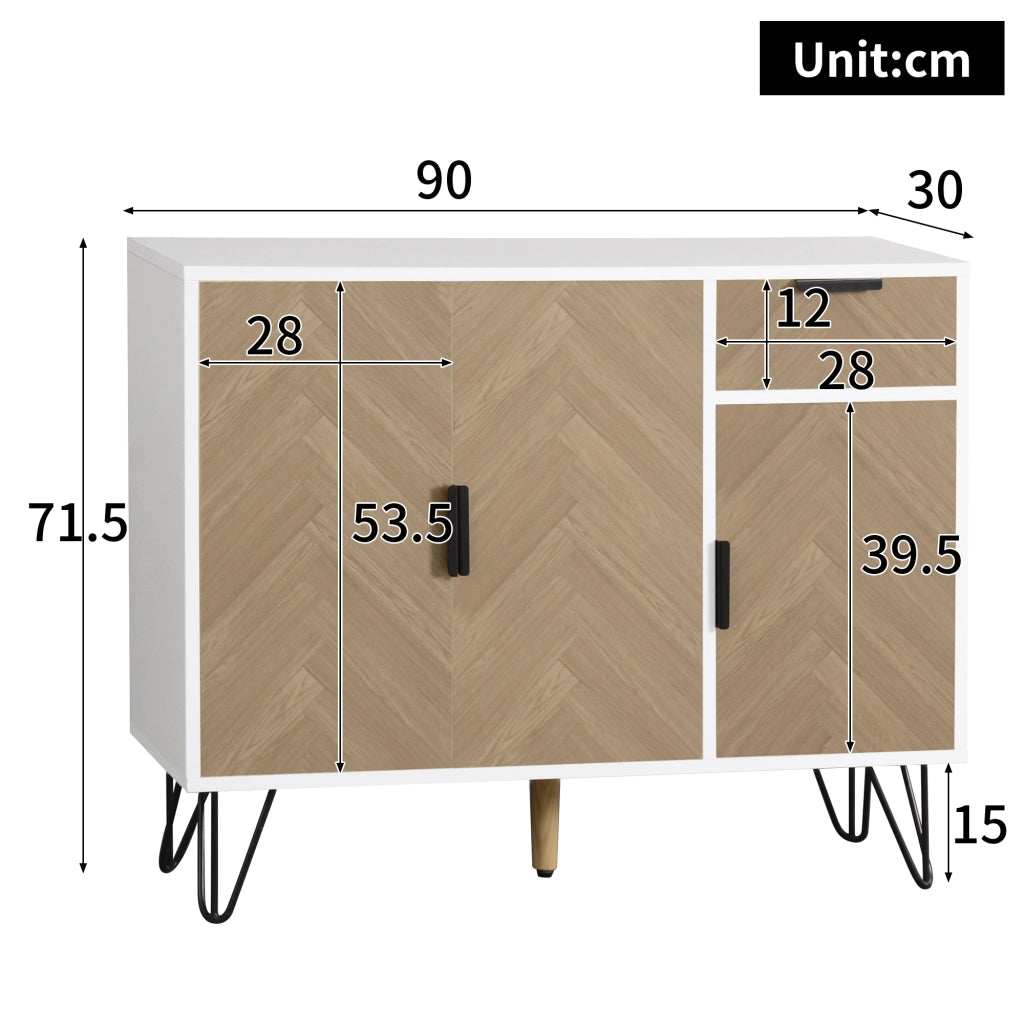 OKWISH Credenza Contenitore con 3 Ante e 1 Cassetto, Ripiani Regolabili, per Soggiorno Ingresso Camera, MDF, Bianco e Legno, 90 x 30 x 71,5 cm
