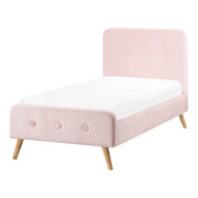 Letto con rete rivestito in velluto rosa pastello gambe in legno, 90 x 200 cm design moderno