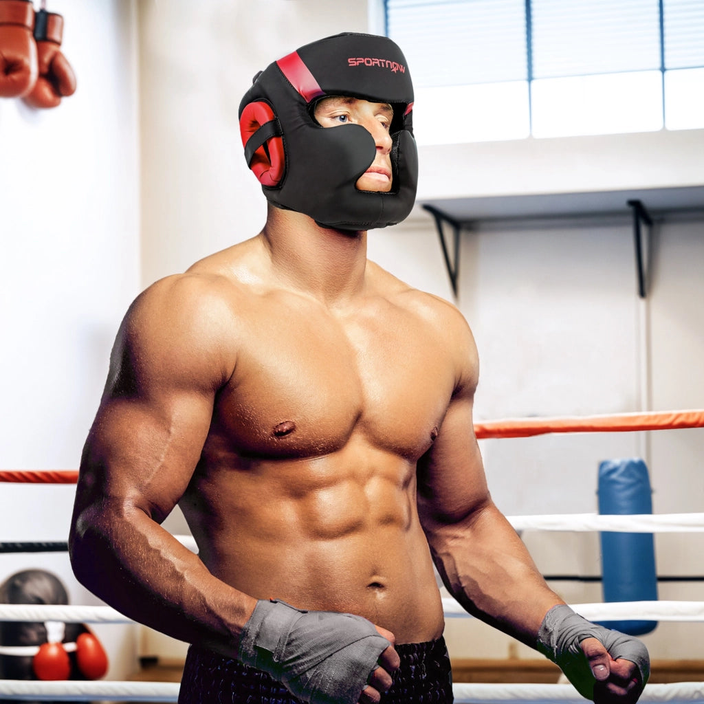 Casco da Boxe MMA con Cinturino Regolabile ¨C Minimal ¨C Rosso e Nero