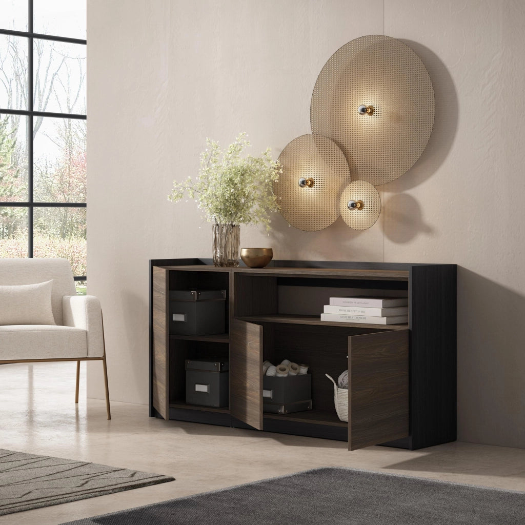 Credenza, Mobile, Cucina, 156x80x37 cm, 3 Porte, grande stoccaggio, Rovere scuro e Nero