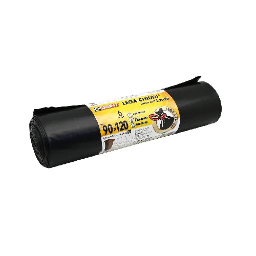6 PZ SACCHI SPAZZATURA LEGA E CHIUDI C/LACCIO 80 MY- Nero cm 90 x 120- senza- pezzi 1