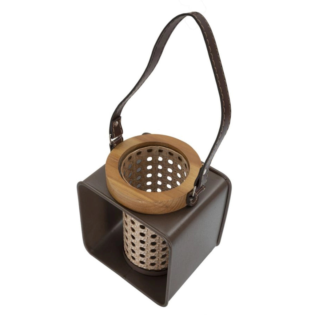 Lanterna in ferro e rattan con manico in cuoio CM 16x13x20
