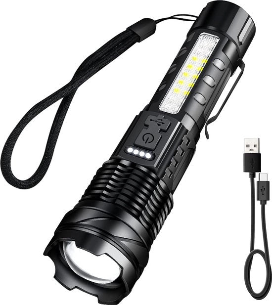 Lampada da tasca LED estremamente luminosa 20.000 lumen - lampada da tasca ricaricabile 7 modi con batteria alimentata da USB-C con luce laterale rossa e blu e indicatore di clip