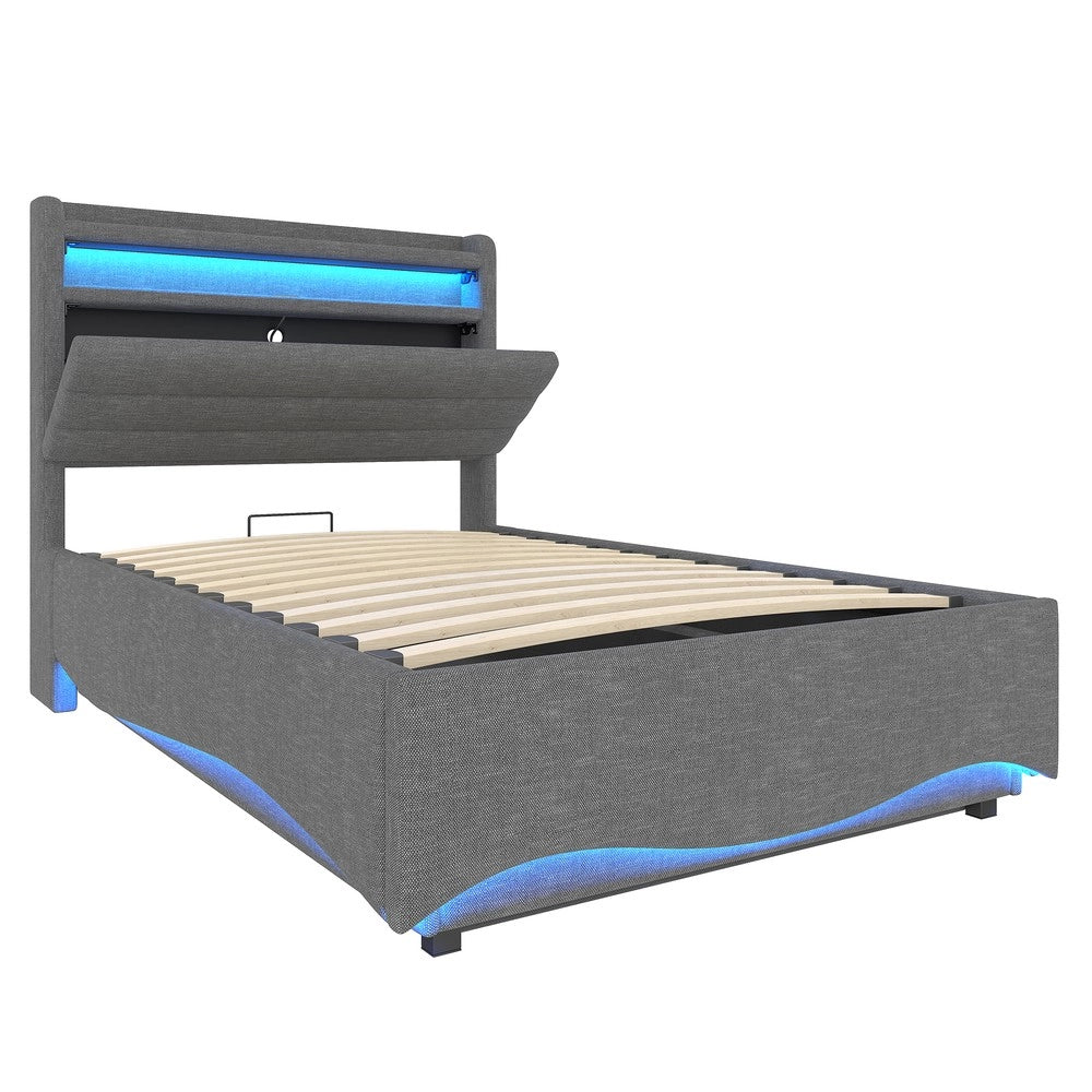 Letto Imbottito Contenitore con LED ¨C Xylo ¨C Tessuto Grigio, Idraulico, 90x200