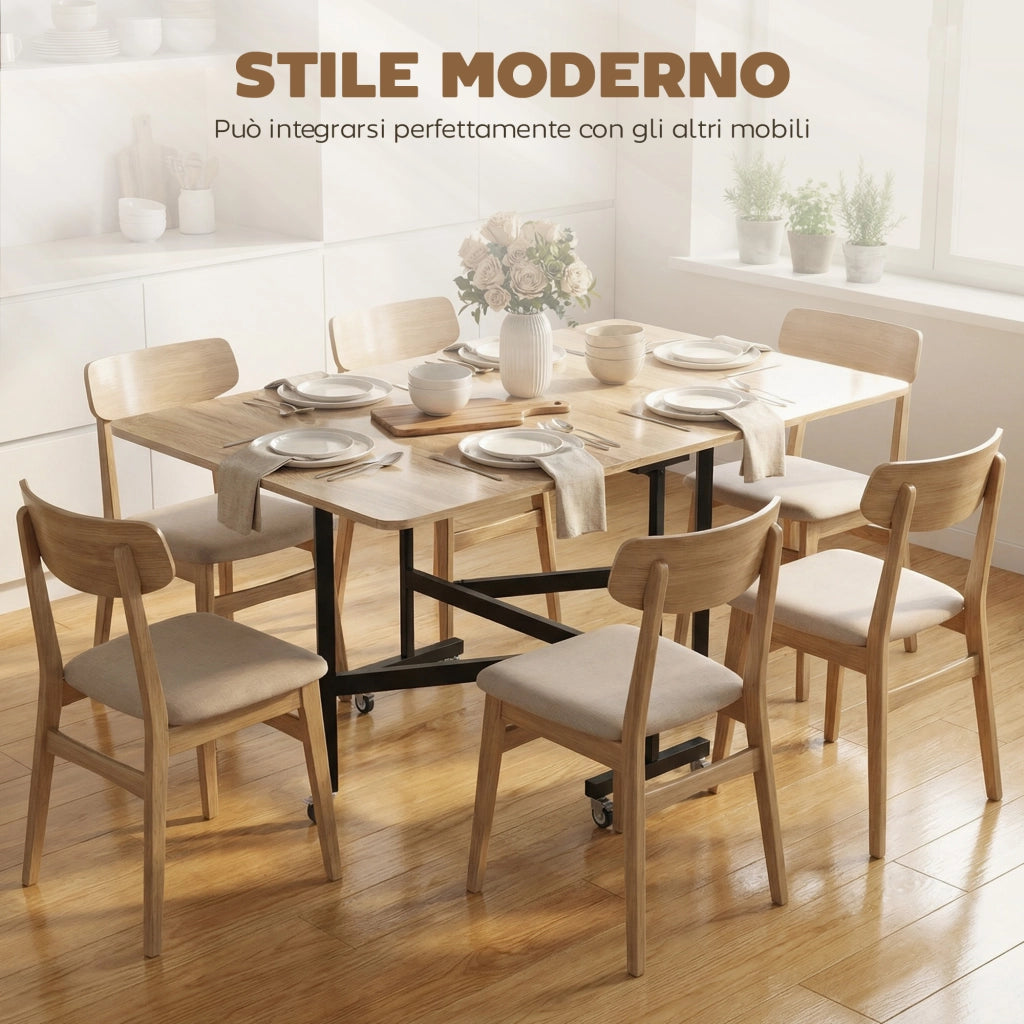 Tavolo Pieghevole per 4-6 Persone con 2 Ribalte e Ruote con Freno, 120x80x73 cm, Rovere