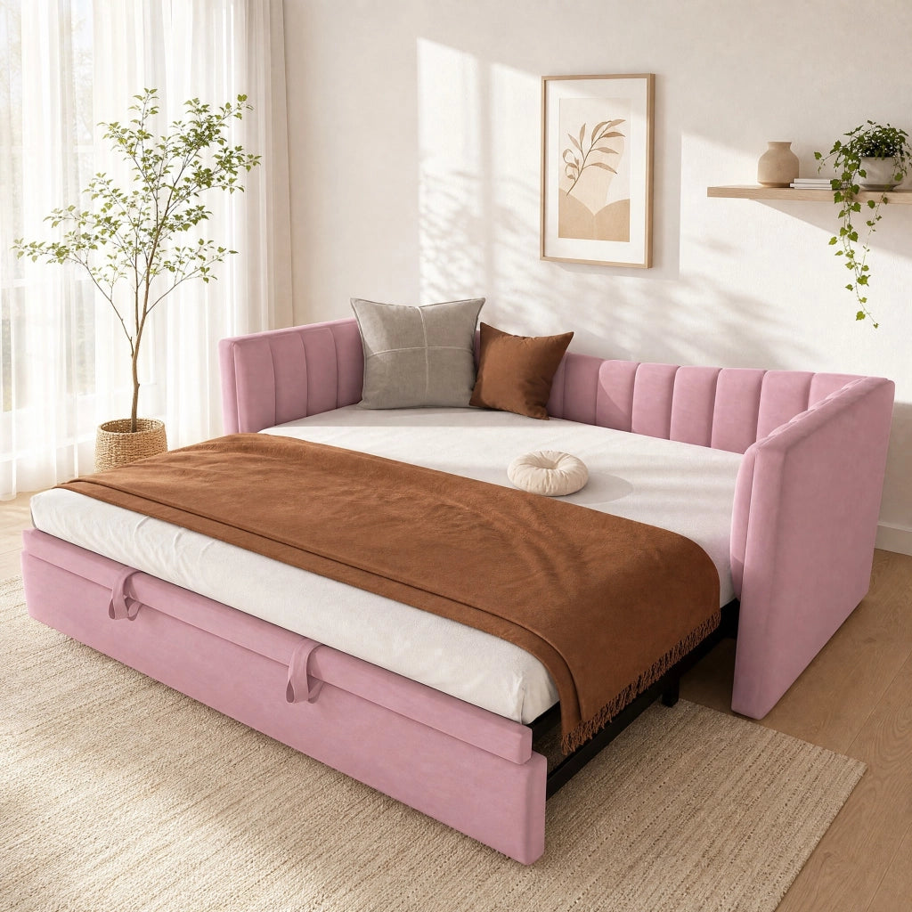 Daybed imbottito con letto estraibile 90 x 200 cm (180 x 200 cm), in velluto, rosa, senza materasso