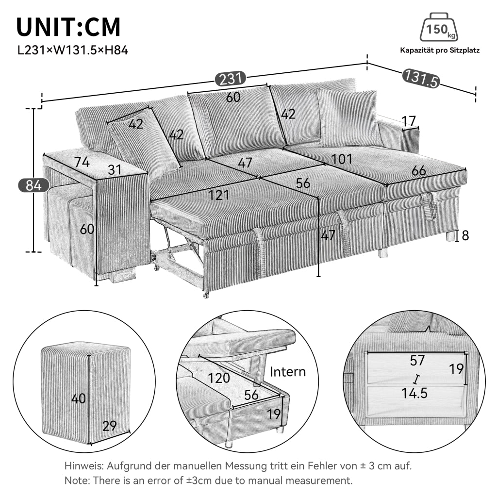 Divano Letto Angolare 3 Posti con Contenitore, USB e Cuscini ¨C MINIMAL ¨C Grigio