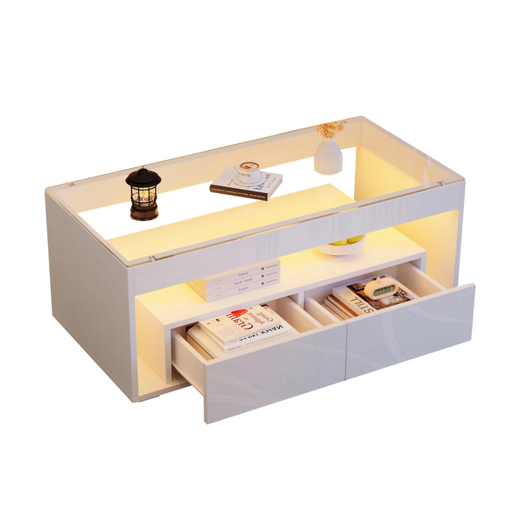 Tavolino da salotto moderno 100x50x40 cm in truciolare bianco con LED e piano in vetro temperato