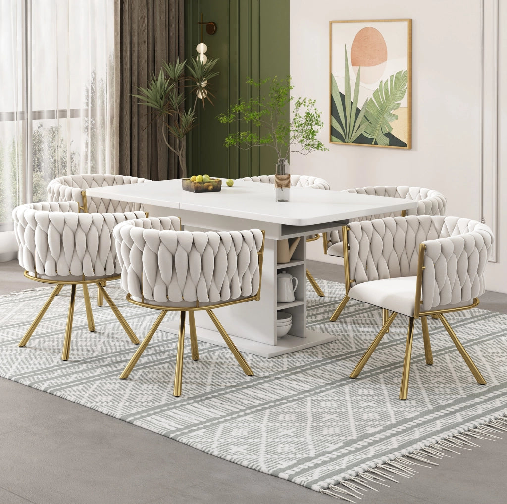 Set di 4 sedie girevoli con rotazione a 360°; rivestimento in velluto beige e oro
