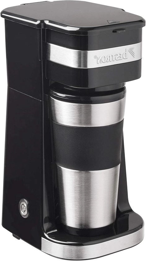 Caffettiera portatile con becher termico per caffè in grani - Ideale per il campeggio - 2 grandi tazze - 750 Watt - Acciaio inossidabile - Colore: argento/nero.
