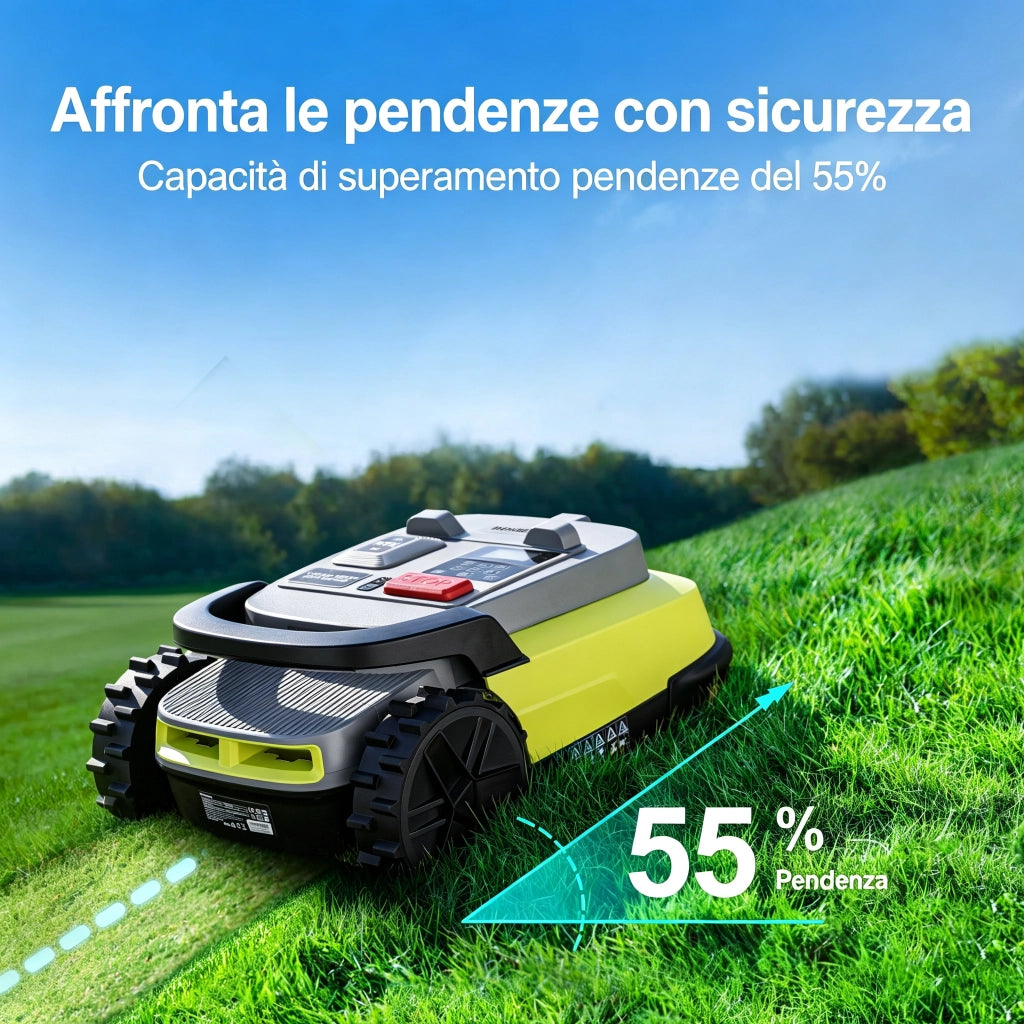 Robot tagliaerba M10 con RTK + Visione AI – pendenze fino al 55% – navigazione precisa – silenzioso (52 dB)