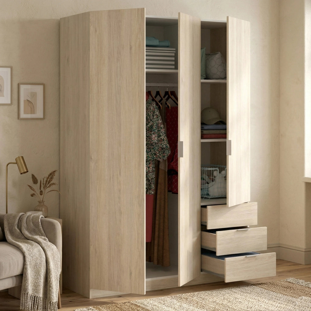 Guardaroba Astru, Mobile appendiabiti per camera da letto, Armadio a 3 ante battenti e 3 cassetti, 121x52h184 cm, Rovere