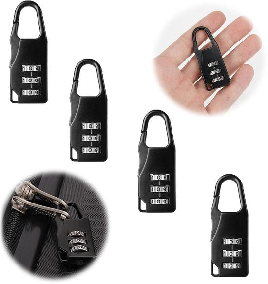 Chiusura bagaglio di sicurezza per viaggi - Combinazione a 3 cifre - Nero - Acciaio inox - 4 pezzi - Parola d'ordine regolabile