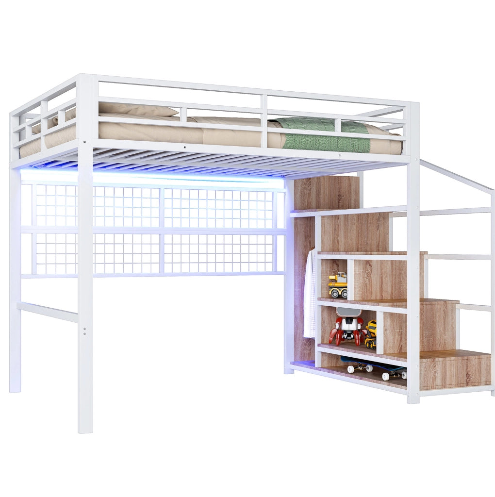 Letto a soppalco 140x200 cm in metallo bianco con scala contenitore; griglia portaoggetti e LED 7 colori