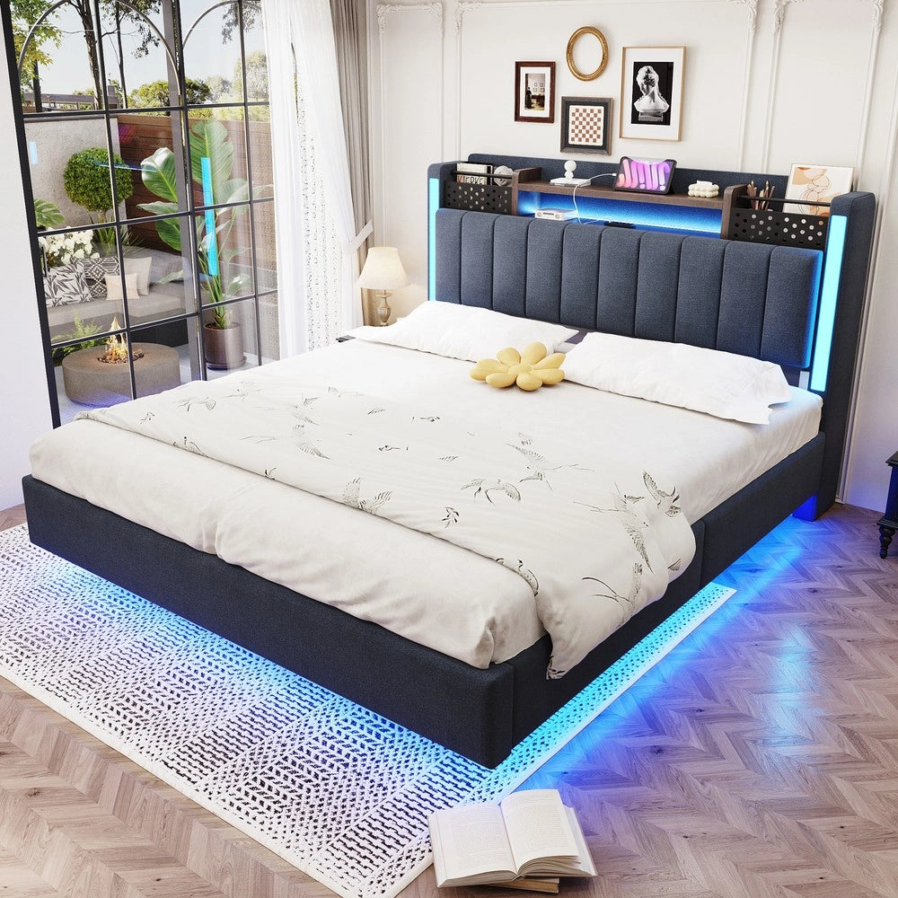 Letto Imbottito con LED e USB ¨C MINIMAL ¨C Tessuto Grigio 140x200 con Contenitore