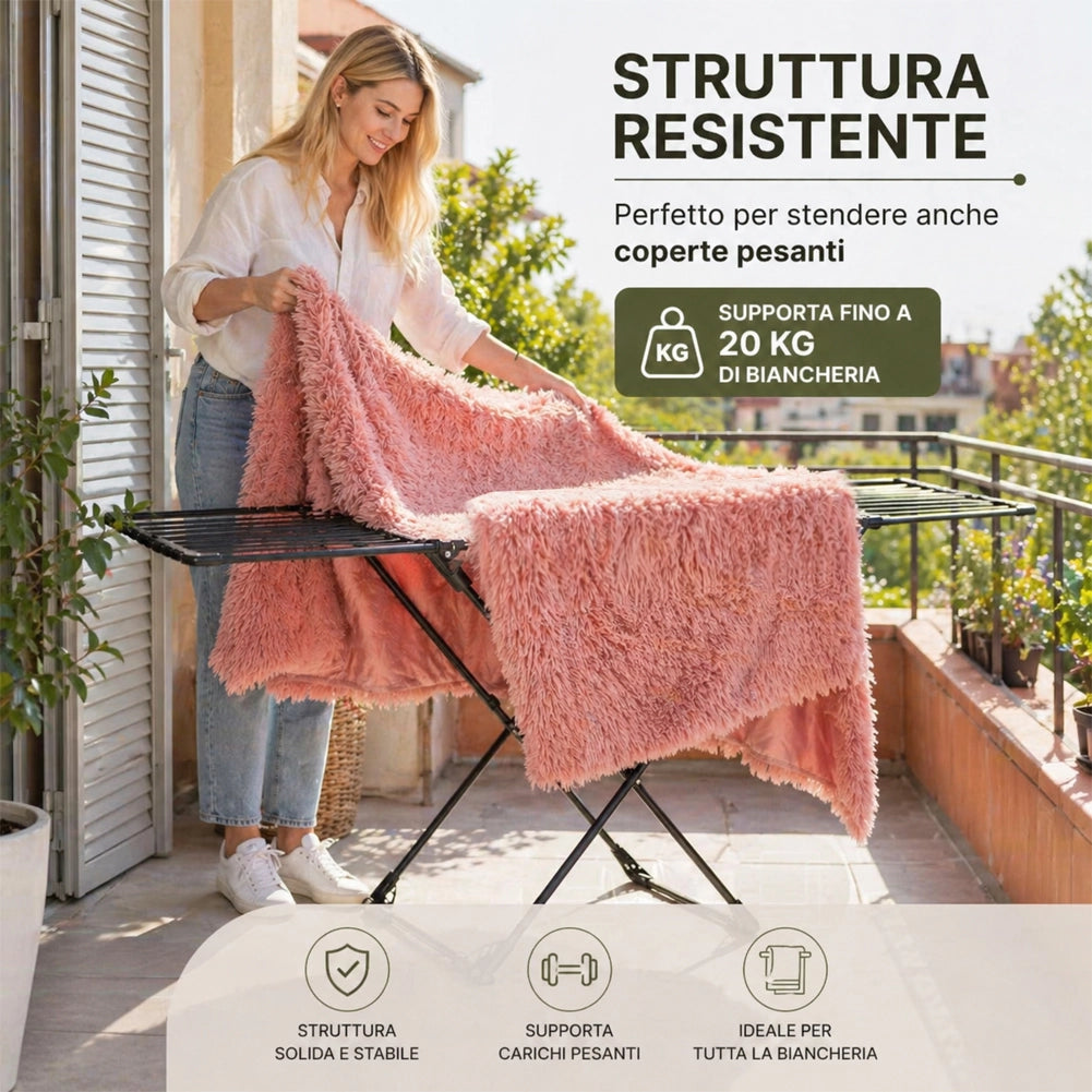 Stendibiancheria Allungabile 108-182 cm Stendino Salvaspazio Capacità 20 kg Estensibile in Ferro e PP Nero
