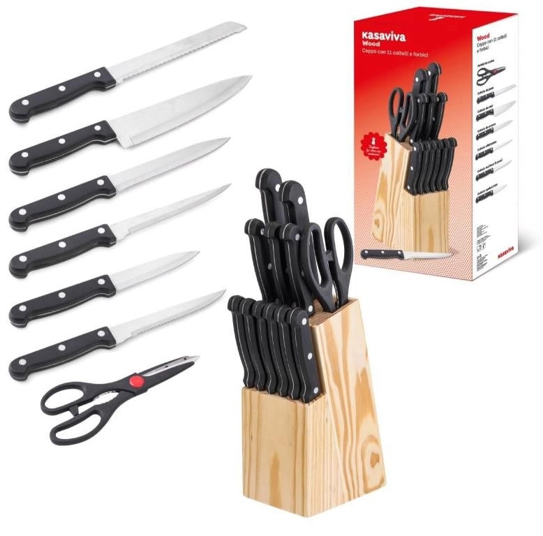Set Ceppo Coltelli da Cucina in Legno 11 Coltelli + Forbici