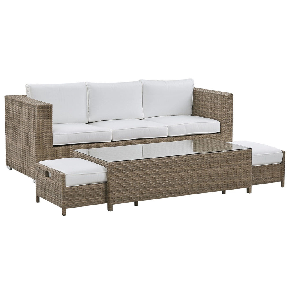 Divano da esterno Set divano a 3 posti in rattan sintetico marrone con tavolo e 2 cuscini bianchi ottomani