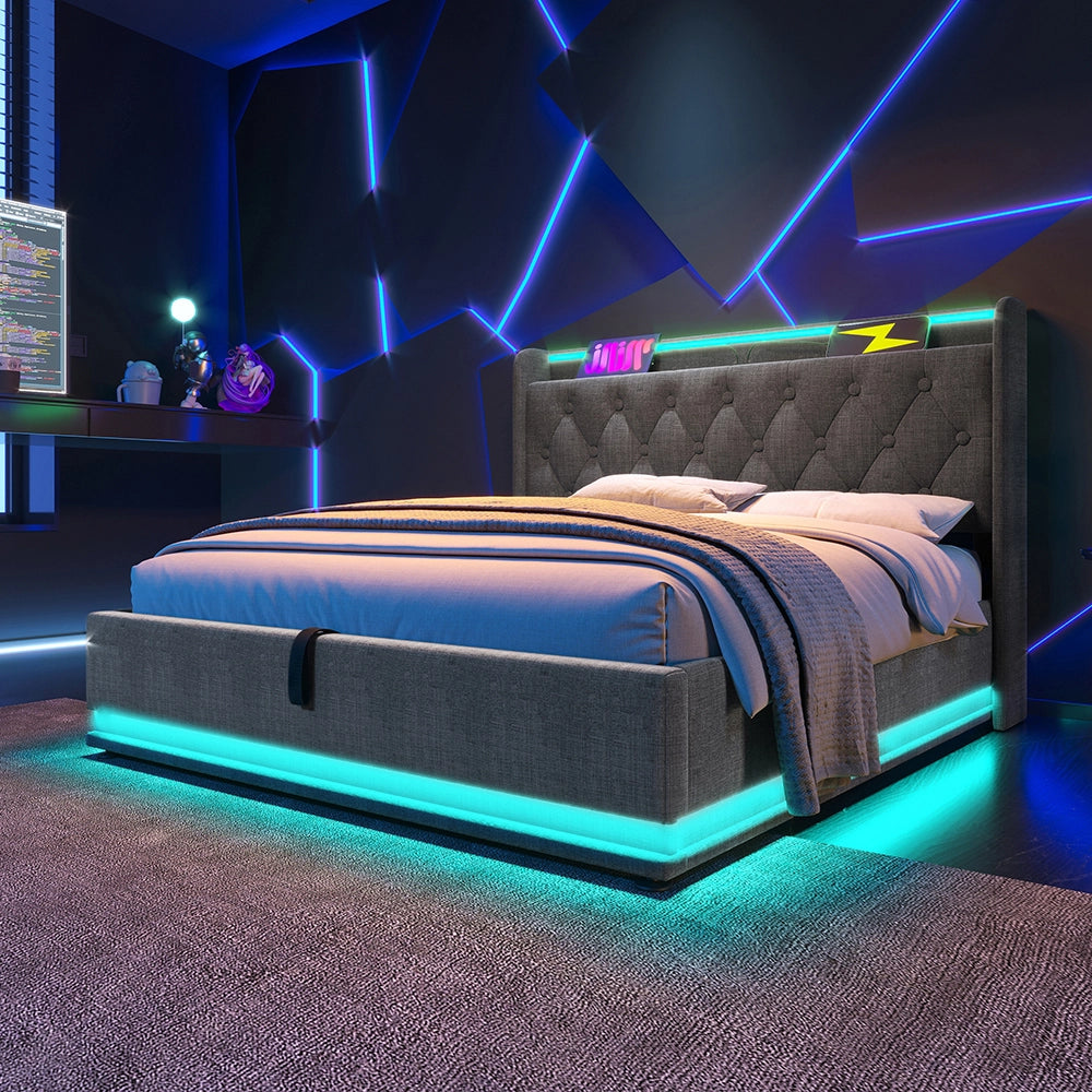 Letto a cassone per adulti 140x200 cm - Xylo - Testiera imbottita, alzata idraulica, USB-C, Grigio