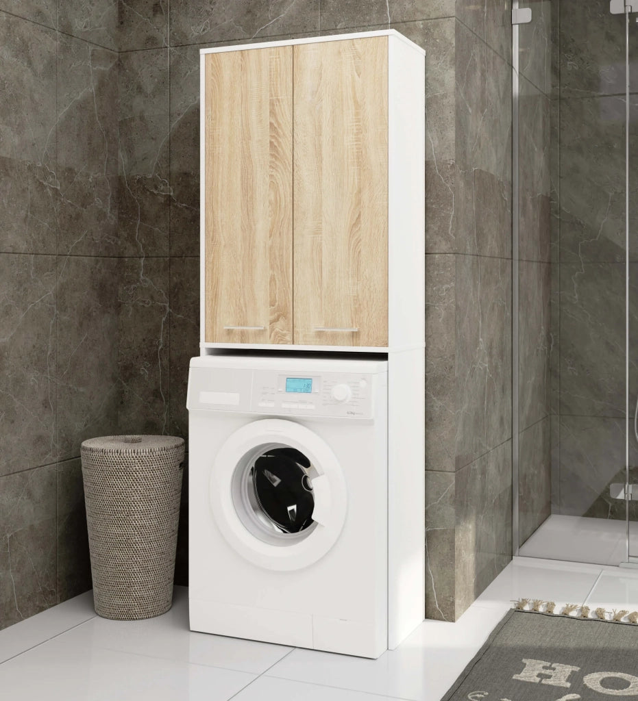 Colonna da bagno AKORD FIN per incasso di una lavatrice Bianca 64 cm 2 ante inserto frontale Sonoma Quercia 64x30x180 cm