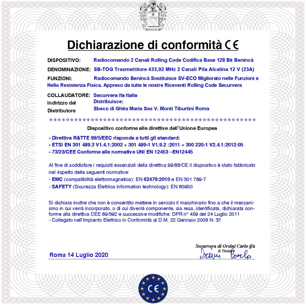 Telecomando Bicanale Frequenza 433,92 MHz Portata Libera 60/100 MT TO.GO Codice Sicurezza Advanced Rolling Code 128 Bit Batteria 12 V 23A Contenitore ABS Nero Tasti Gialli Comando Automatismo Benincà