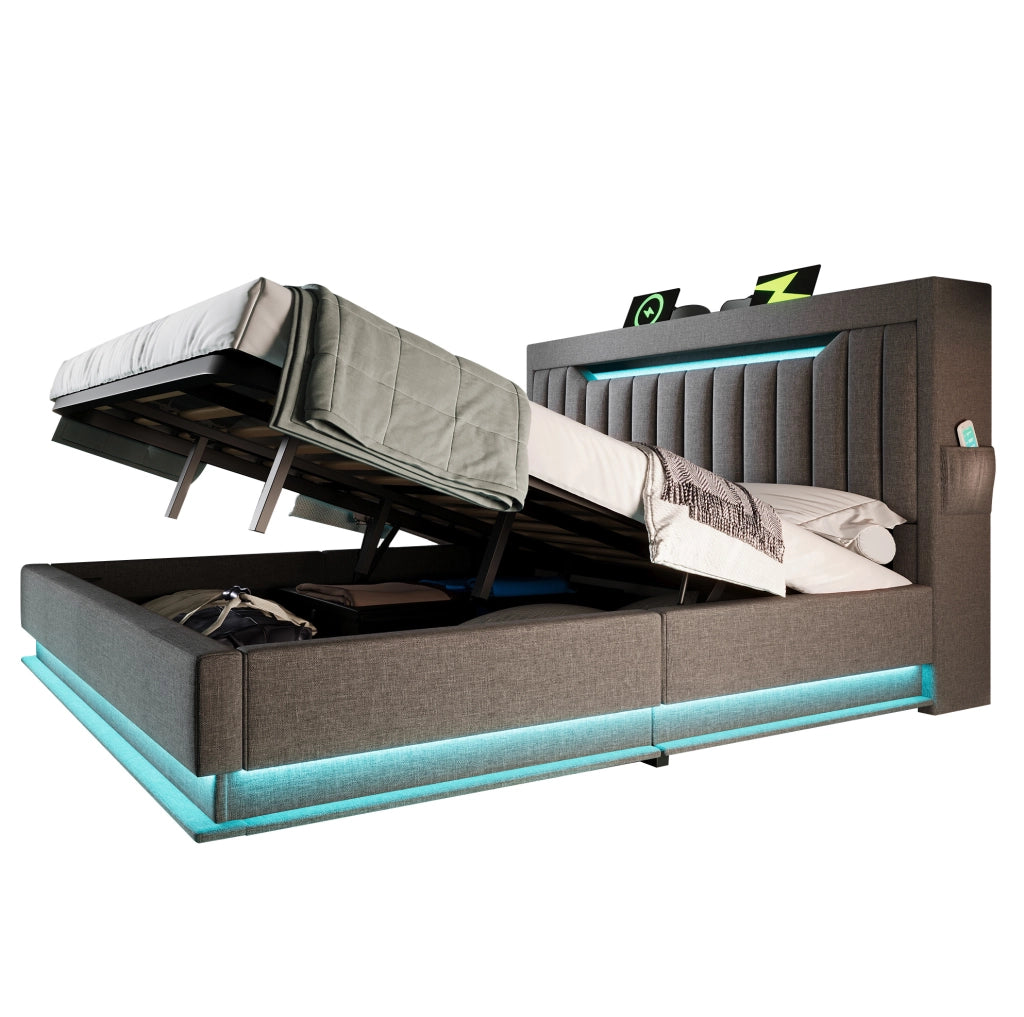 Letto imbottito matrimoniale con LED, testiera contenitore e ricarica USB-Type C