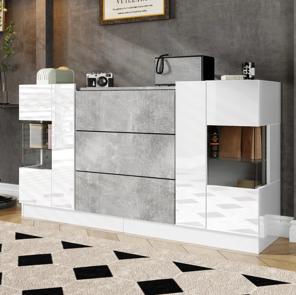 Madia 140x35x75 cm con LED a 16 colori e 2 ante 3 cassetti in MDF; truciolare e vetro bianco e marmo grigio