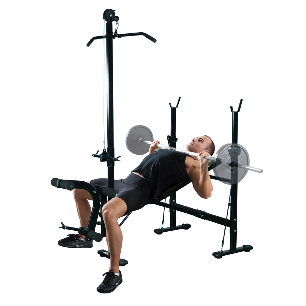 Panca Multifunzione Fitness con Schienale Regolabile e Barra ¨C zephmum ¨C Nero 175x110x202 cm