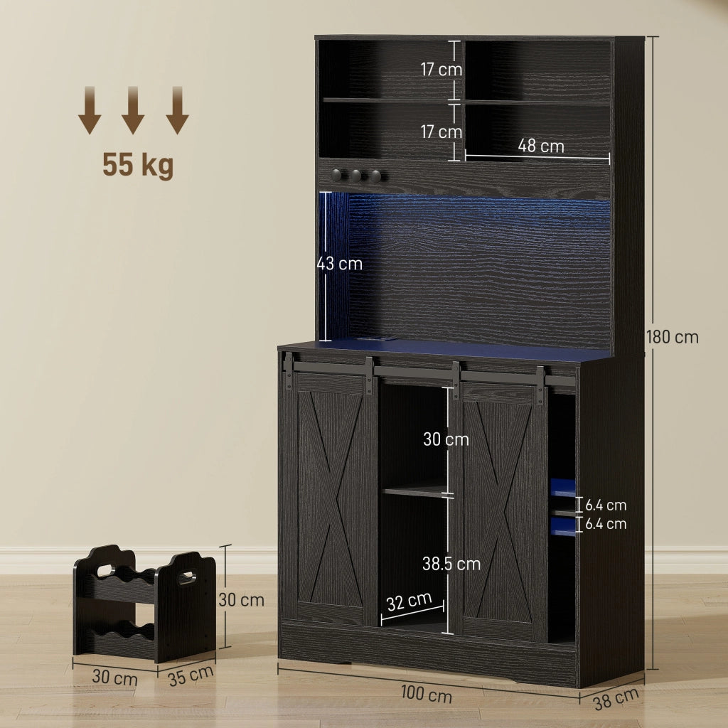 Credenza Rustica con Armadietti, Portabottiglie e Luci LED ¨C Minimal ¨C Nero