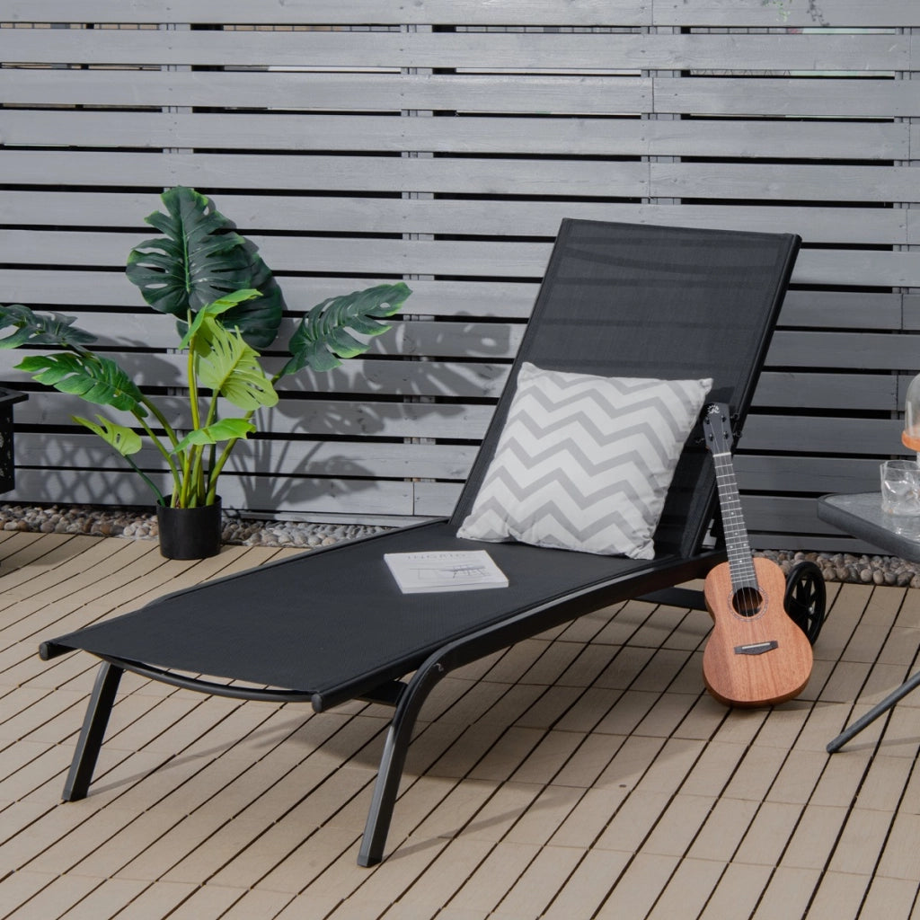 Chaise longue regolabile per cortile con ruote, Sedia a sdraio reclinabile in 6 posizioni da esterno Nero