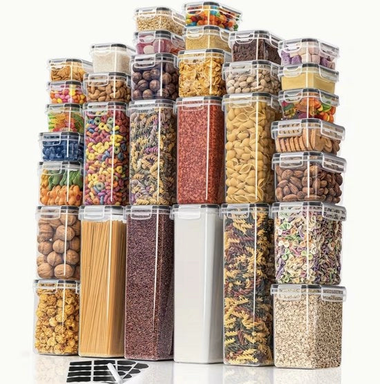 Set di archiviazione per la cucina da 32 pezzi – Contenitori di alimenti aerei con etichette e penna – Per pasta, fiori, zucchero e cereali – Organizzatore per dispensa e frigorifero